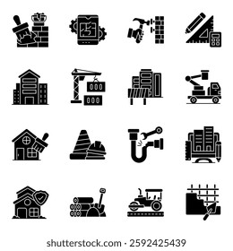 Set of Construction and Labor Solid Icons

