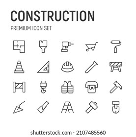 Set von Symbolen für die Baulinie. Premium-Paket von Zeichen im trendigen Stil. Pixel perfekte Objekte für UI, Apps und Web. 
