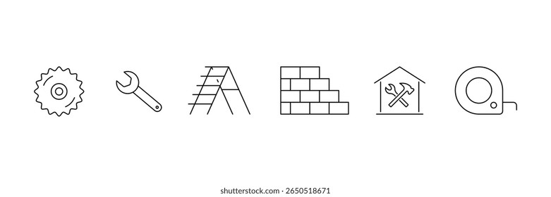 Set of construction lined icon collection. Hammer, wrench, crane, repair tools, builder, engineering symbol.