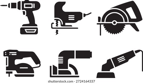 Satz von Symbolen für Baumaschinen im Silhouettenstil, einzeln auf weißem Hintergrund, perfekt für Gebäude-, Ingenieur-, schwere Geräte- und Industriedesign-Projekte.