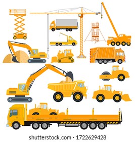 Set of construction machinery with excavators and heavy trucks