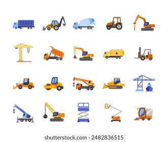 Set of construction machinery icons set. Colorful signs with bulldozer, dump truck, excavator, crane and forklift. Vehicles for construction. Flat vector collection isolated on white background