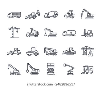 Set of construction machinery linear icons set. Truck, concrete mixer, tractor, excavator and crane for construction site. Editable stroke. Outline vector collection isolated on white background