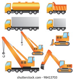 Set of construction machinery on the white background.