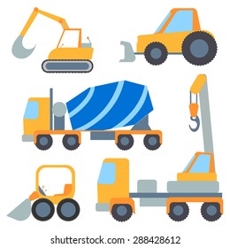 Set of construction machinery for repairs and loading, painted in the style of flat color. Vector Illustration