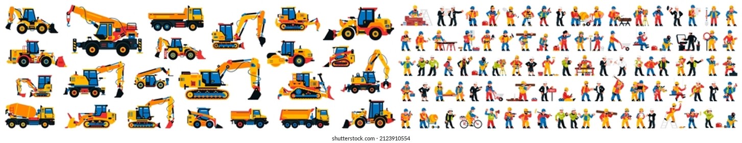 Set of construction machinery and construction site workers. Building transport and builders. Engineers, managers, architects. Vector illustration isolated on white background.