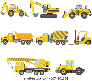 Set of construction machinery. Special machines for construction work. Excavator, Wheel loader, Dump truck, Concrete mixer, Forklift truck, Truck crane, Road roller. Vector illustration.