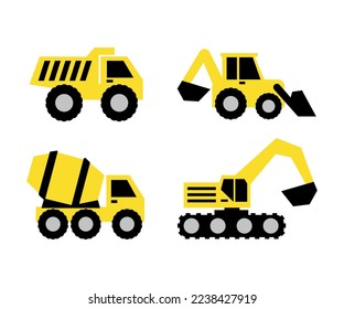 Set of construction machinery. Special machines for construction work. Excavator, Wheel loader, Dump truck, Concrete mixer, Forklift truck, Truck crane, Road roller. Vector illustration isolated
