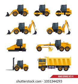 A set of construction machinery, set of vector road service, cars designed for road construction.