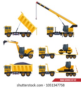 A set of construction machinery, set of vector road service, cars designed for road construction.