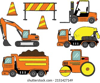 Set of the construction machinery vehicles and equipment. Truck, Dumper, Excavator, Cement mixer, Forklift, Road roller, Traffic cone, fence. Flat vector illustration.