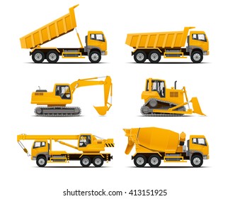 Set of the construction machinery vehicles. Vector Truck, Vector Dumper, Vector Excavator, Vector Mobile crane, Dozer. High detailed vector illustration.