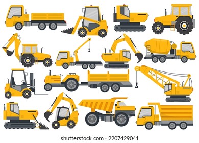 Set of construction machines equipment. Special vehicles for construction work. Forklifts, cranes, excavators, tractors, bulldozers, trucks. Road repair machinery. Cartoon flat vector illustration