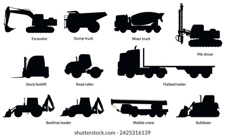 Satz von Baumaschinen. Schwere Maschinen für Bagger, Dump, LKW, Mischer, LKW, Stapel, Fahrer, Lager, Gabelstapler, Straße, Rolle, Flachbett, Anhänger, Bagger, Lader, Mobil, Kran, Planierraupe.