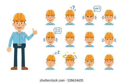 Set of construction man emoticons. Worker avatars showing different facial expressions. Happy, sad, cry, laugh, smile, angry, dizzy, tired, in love and other emotions. Simple vector illustration