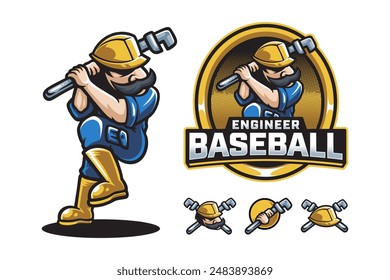 set logo de la mascota de la construcción con llave, llave inglesa, casco. set logo de la mascota del hombre mecánico. ilustración del logotipo de la mascota de béisbol ingeniero para equipo deportivo, bolsa, emblema y camiseta