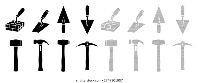 Set of construction and masonry tools, black and gray icons.