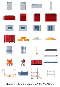 Set of Construction Materials and Equipment. Bricks, Wooden Planks, Sand, Concrete Mixer, Mobile Power Supply. Building Materials. Stack of Blocks, Metal Roof, Tile, Pipes. Flat Vector Illustration