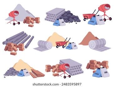 Conjunto de materiales de construcción agrupados: Ilustración vectorial de arena, cemento, bloques de hormigón, ladrillos, piedras, hormigón mezclador, carro. Ideal para conceptos de obra.