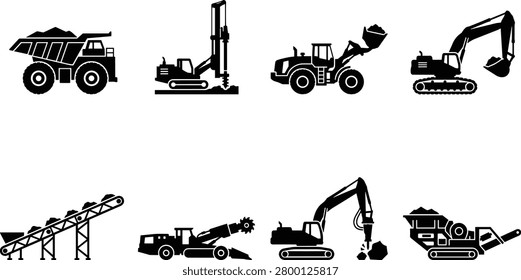 Set of construction and mining machinery icons featuring dump trucks, drilling rigs, loaders, excavators, conveyors, crushers, and demolition equipment. Ideal for heavy industry, engineering projects, mining operations, and construction site designs.