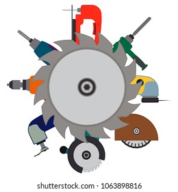 A set of construction power tools for repairing and round circular saw. Vector illustration.