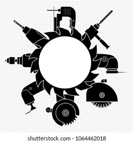 A set of construction power tools for repairing and round circular saw. Vector illustration. Black silhouette.
