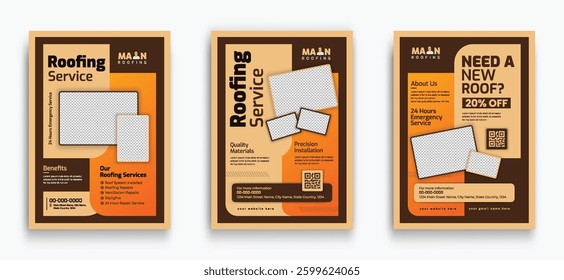 Set of Construction project flyer design. Multipurpose template with poster or flyer, Roofing Services Flyer. Vertical editable a4 format
