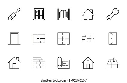 Set of construction related vector line icons. Premium linear symbols pack. Vector illustration isolated on a white background. Web symbols for web sites and mobile app. Trendy design.