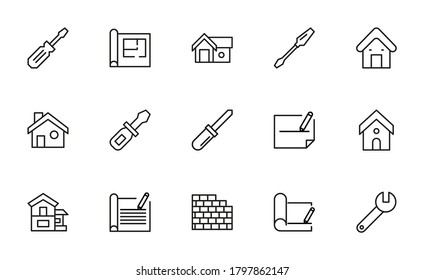 Satz von konstruktionsbezogenen Vektorgrafik-Symbolen. Premium-Paket mit linearen Symbolen. Vektorgrafik einzeln auf weißem Hintergrund. Web-Symbole für Webseiten und mobile App. Trendloses Design.
