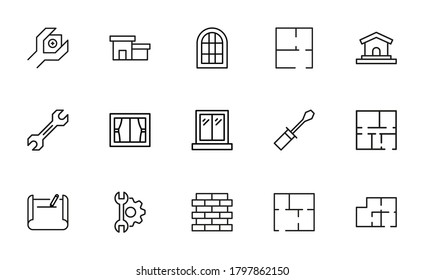 Set of construction related vector line icons. Premium linear symbols pack. Vector illustration isolated on a white background. Web symbols for web sites and mobile app. Trendy design.