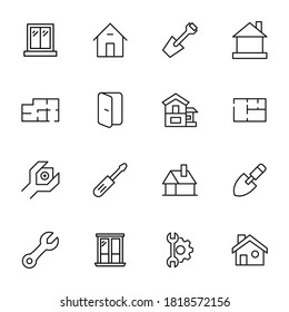 Conjunto de iconos de línea vectorial relacionados con la construcción. Paquete de símbolos lineales premium. Ilustración vectorial aislada en un fondo blanco. Símbolos web para sitios web y aplicaciones móviles. Diseño de moda.