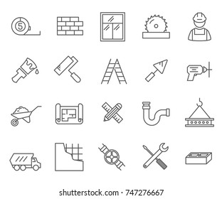 Set of construction Related Vector Line Icons. Includes such Icons as construction tools and equipment, putty knife, ladder, Builder and more.