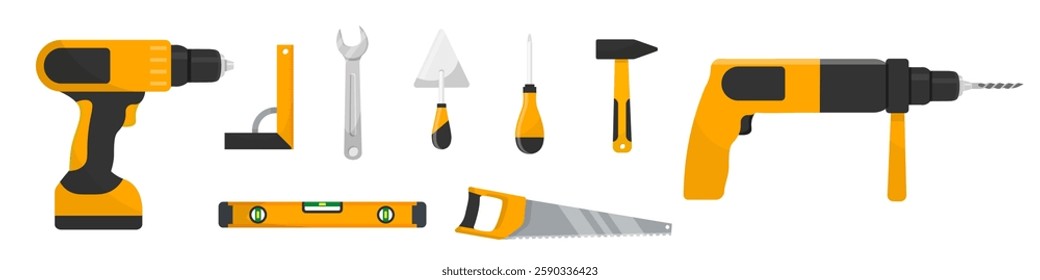 Set of construction and repair tools including drills, hammer, saw, wrench, screwdriver, trowel, level. Vector illustration of handyman equipment in yellow and black colors isolated on transparent.