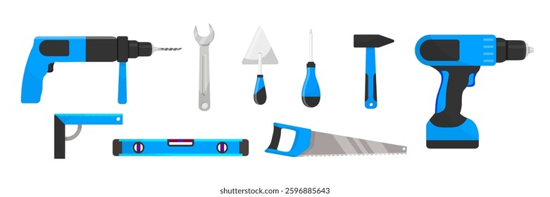 Set of construction and repair tools including drills, hammer, saw, wrench, screwdriver, trowel, level. Vector illustration of handyman equipment in blue and black colors isolated on transparent.