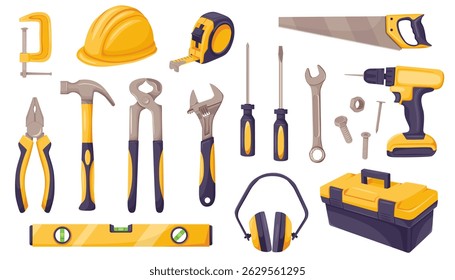 Set of construction and repair tools including drill, hammer, pliers, helmet, and toolbox in cartoon style on white background. Concept of work tools. Vector illustration