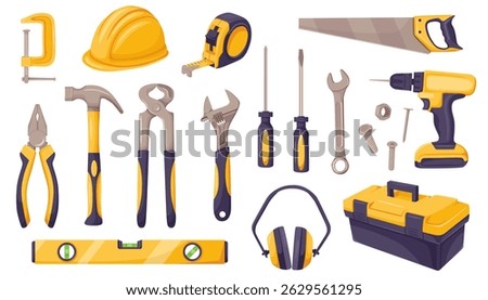 Set of construction and repair tools including drill, hammer, pliers, helmet, and toolbox in cartoon style on white background. Concept of work tools. Vector illustration