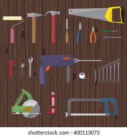 Set of construction and repair tools vector illustration in flat style on wood textured background