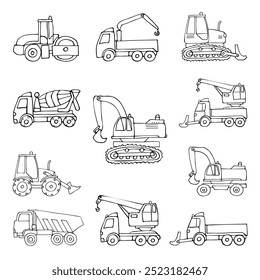 Satz von Bau- und Straßenausstattung und Verkehr, gezeichnet im Cartoon-Stil auf weißem Hintergrund.