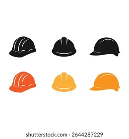 Set of construction safety helmet icons in color and black silhouettes. Ideal for PPE design, industrial safety graphics, signage, worker protection symbols, and construction illustrations.