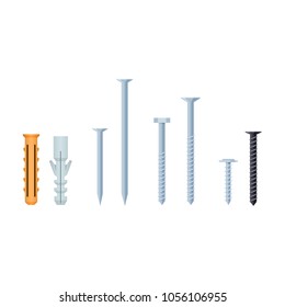 Set of construction screws, nails, bolts, plastic dowels. Repair elements, equipment for bonding materials, and fixes. Vector illustration isolated.