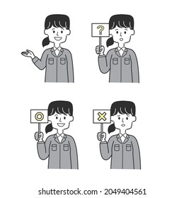 A set of construction shop employees holding tags with circles, crosses, and hatenas