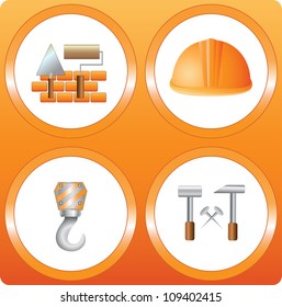 set construction sign - bricks, helmet, hammer, house, hook, roller and trowel