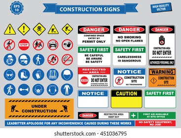 Set of Construction sign (warning, site safety, use hard hat,children must not play on this site, no admittance to unauthorized personnel, safety hard helmet, boots and vest must be worn at all times)