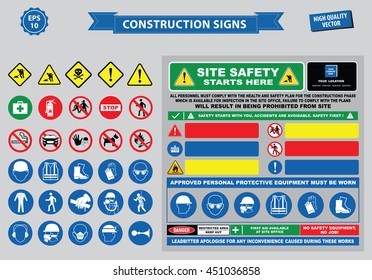 Set of Construction sign (warning, site safety, use hard hat,children must not play on this site, no admittance to unauthorized personnel, safety hard helmet, boots and vest must be worn at all times)