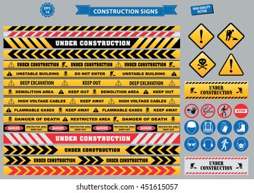 Set of Construction sign (warning, site safety, use hard hat,children must not play on this site, no admittance to unauthorized personnel, safety hard helmet, boots and vest must be worn at all times)