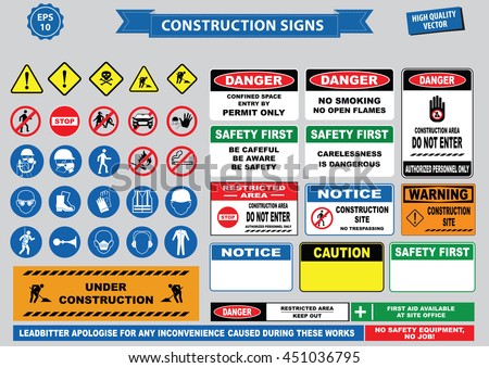 Set of Construction sign (warning, site safety, use hard hat,children must not play on this site, no admittance to unauthorized personnel, safety hard helmet, boots and vest must be worn at all times) 商業照片 © 