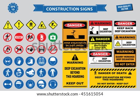 Set of Construction sign (warning, site safety, use hard hat,children must not play on this site, no admittance to unauthorized personnel, safety hard helmet, boots and vest must be worn at all times) 商業照片 © 
