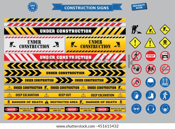 Set of Construction sign (warning, site safety,\
use hard hat,children must not play on this site, no admittance to\
unauthorized personnel, safety hard helmet, boots and vest must be\
worn at all times)