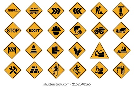 Conjunto de signos de construcción (advertencias, procedimientos de seguridad, uso de cascos de seguridad, no entrada al personal no autorizado, cascos de seguridad, botas, arnés de seguridad, guantes, etc.)