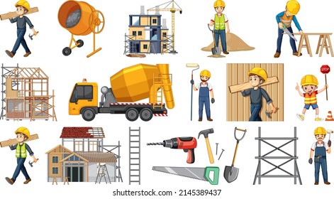 Set of construction site objects and workers illustration